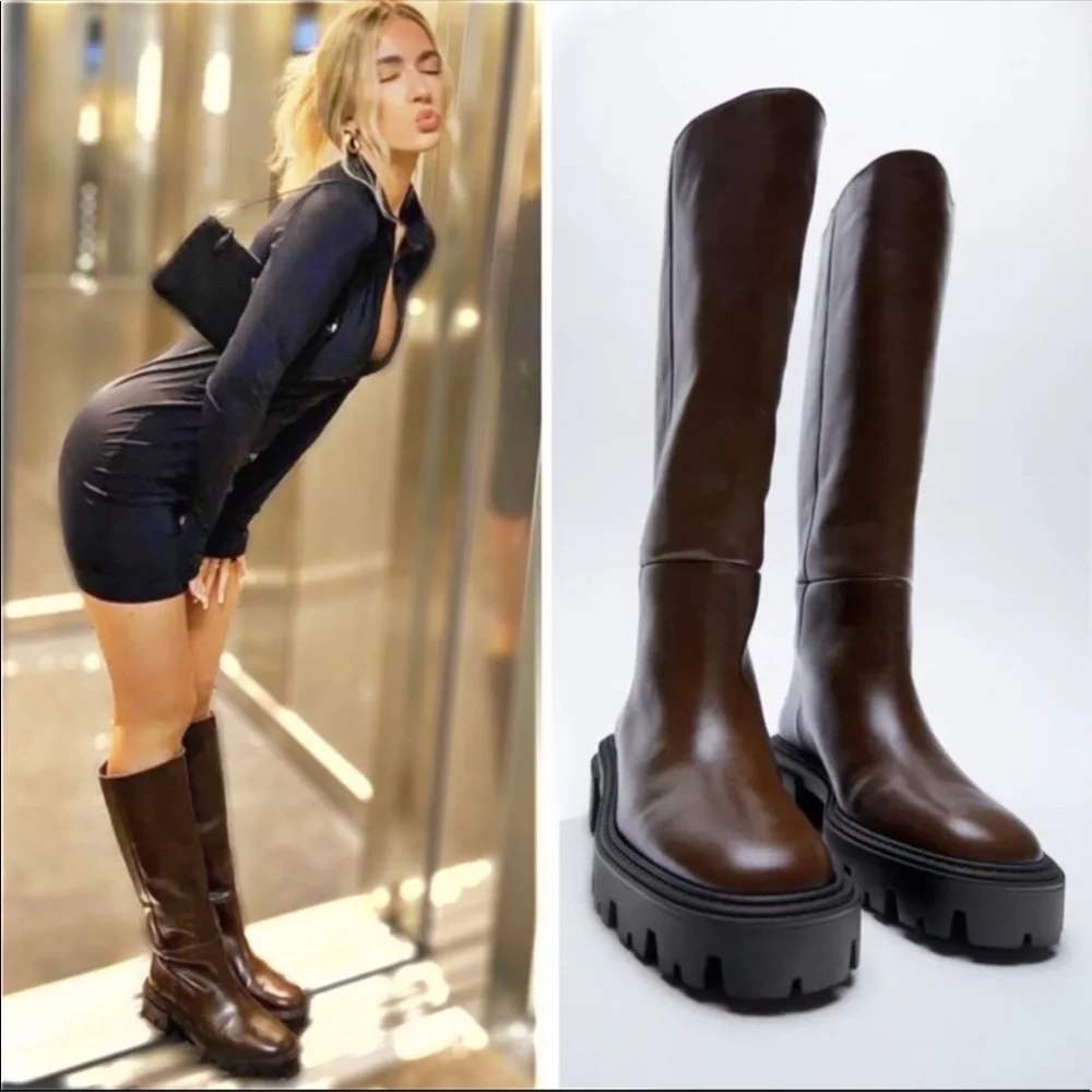 Zara Leather Brown Tall Boots 8 - Picture 2 of 16